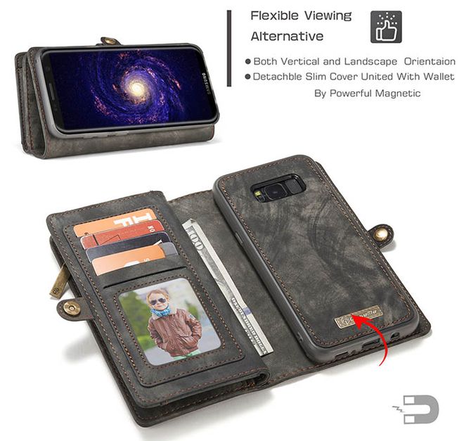Caseme - Leder Portemonnaie mit abnehmbarer Plastik Hülle für Samsung Galaxy S8 Plus - kaffeefarben