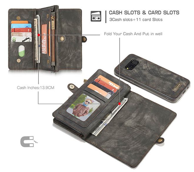 Caseme - Leder Portemonnaie mit abnehmbarer Plastik Hülle für Samsung Galaxy S8 Plus - kaffeefarben