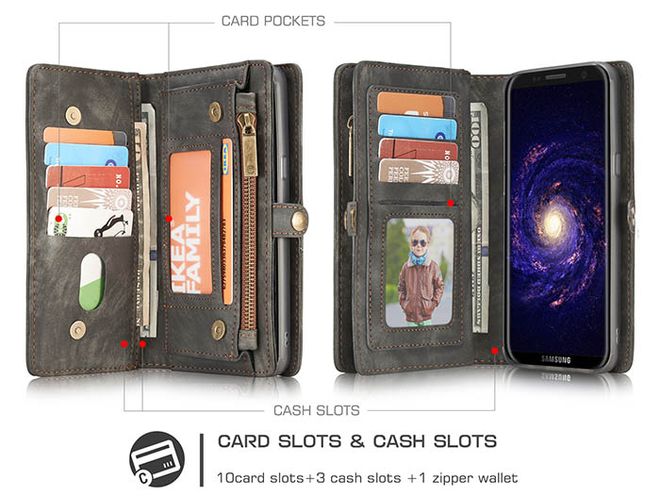 Caseme - Leder Portemonnaie mit abnehmbarer Plastik Hülle für Samsung Galaxy S8 Plus - kaffeefarben