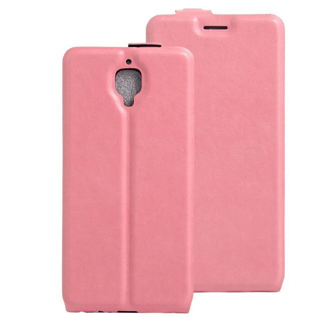 OnePlus 3/3T Handyhülle - Crazy Horse Leder Flipcase - vertikal - mit Foto Fach - pink