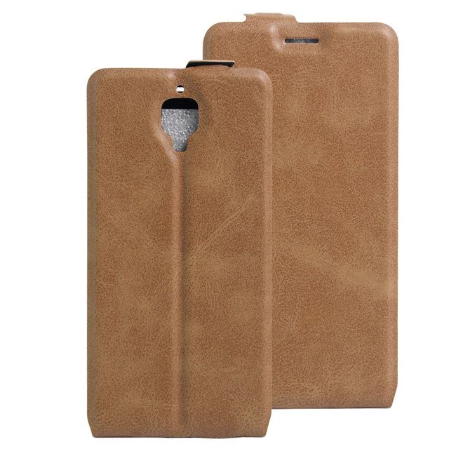 OnePlus 3/3T Handyhülle - Crazy Horse Leder Flipcase - vertikal - mit Foto Fach - braun