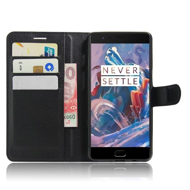 Handyhülle für OnePlus 3/3T - Case aus Leder - mit Litchitextur und Standfunktion - schwarz