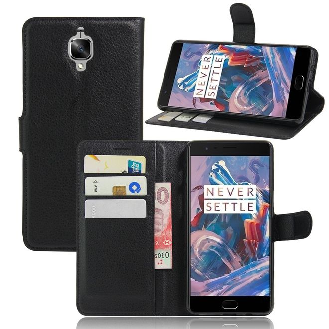 Handyhülle für OnePlus 3/3T - Case aus Leder - mit Litchitextur und Standfunktion - schwarz