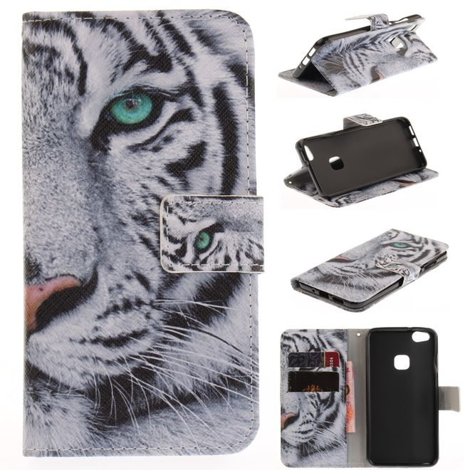 Huawei P10 Lite Handy Cover - Case aus Leder - Tiger mit grünen Augen