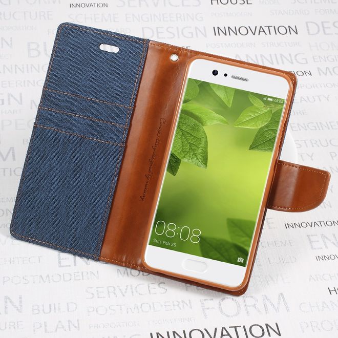 Goospery - Handyhülle für Huawei P10 Plus - Bookcover - Canvas Diary Series - navy/camel