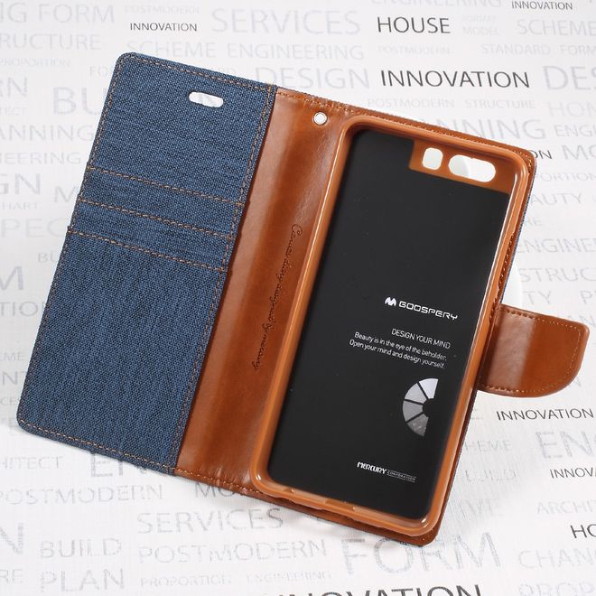 Goospery - Handyhülle für Huawei P10 Plus - Bookcover - Canvas Diary Series - navy/camel