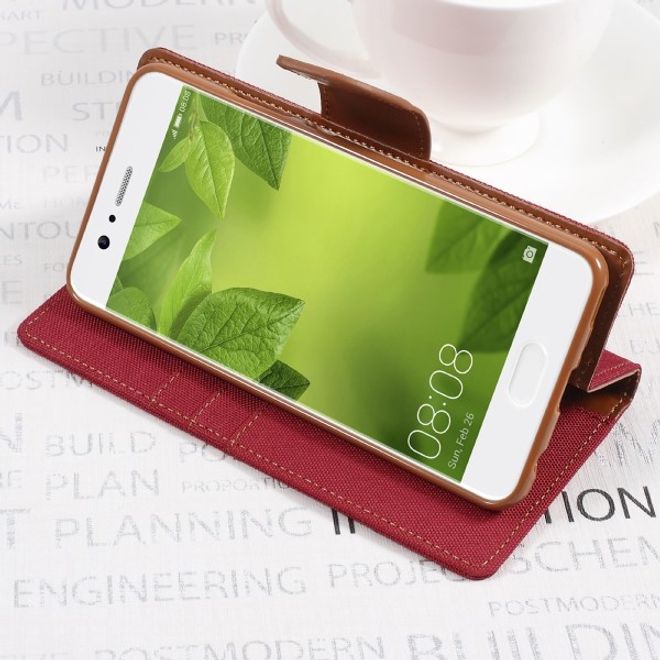 Goospery - Handyhülle für Huawei P10 Plus - Bookcover - Canvas Diary Series - rot/camel