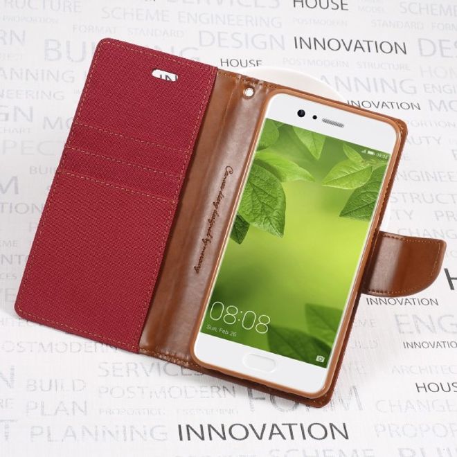 Goospery - Handyhülle für Huawei P10 Plus - Bookcover - Canvas Diary Series - rot/camel