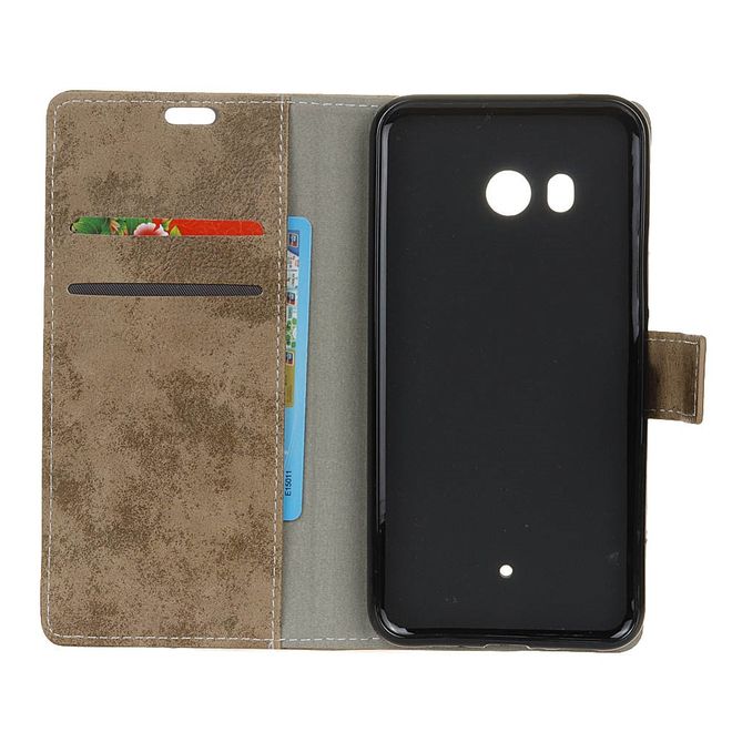 HTC U11 Handy Cover - Hülle aus Leder im Retrolook - mit Standfunktion - khakifarben