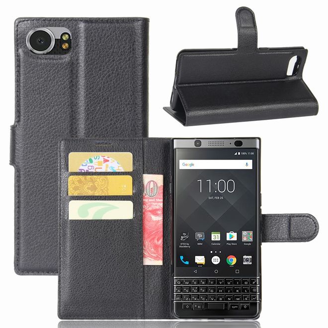 Handyhülle für Blackberry Keyone - Case aus Leder - mit Litchitextur und Standfunktion - schwarz