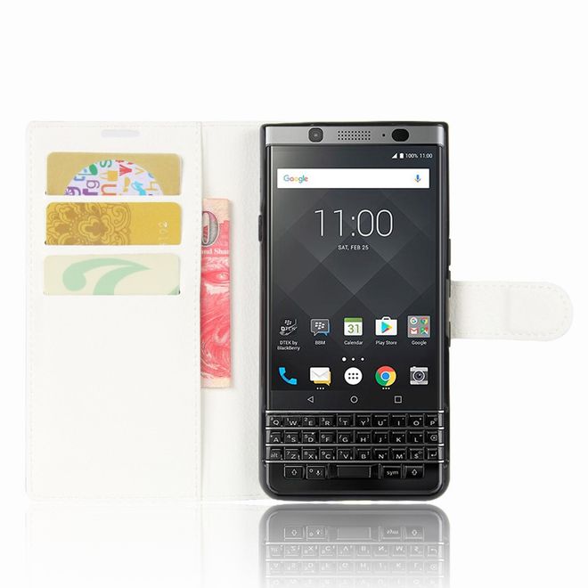 Handyhülle für Blackberry Keyone - Case aus Leder - mit Litchitextur und Standfunktion - weiss