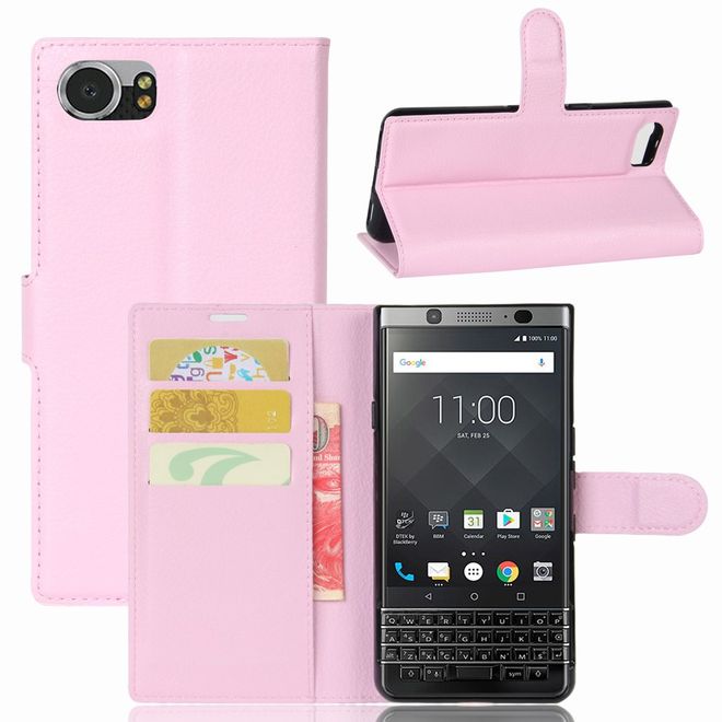 Handyhülle für Blackberry Keyone - Case aus Leder - mit Litchitextur und Standfunktion - pink