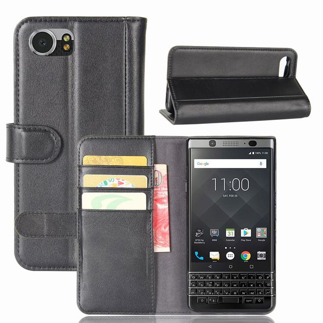BlackBerry Keyone Handycase - Hülle aus echtem Spaltleder - mit Standfunktion - schwarz