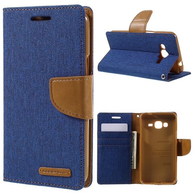 Goospery - Samsung Galaxy J3 (2016) Hülle - Handy Bookcover - Canvas Diary Series - blau/camel