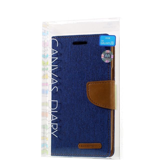 Goospery - Samsung Galaxy J3 (2016) Hülle - Handy Bookcover - Canvas Diary Series - blau/camel