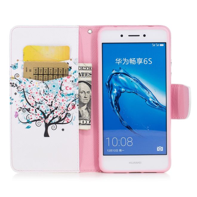 Huawei Enjoy 6S/Honor 6C Handyhülle - Cover aus Leder - mit Standfunktion - blühender Baum