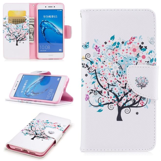 Huawei Enjoy 6S/Honor 6C Handyhülle - Cover aus Leder - mit Standfunktion - blühender Baum