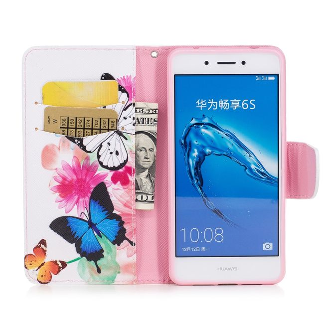 Huawei Enjoy 6S/Honor 6C Handyhülle - Cover aus Leder - mit Standfunktion - Schmetterlinge und Blumen
