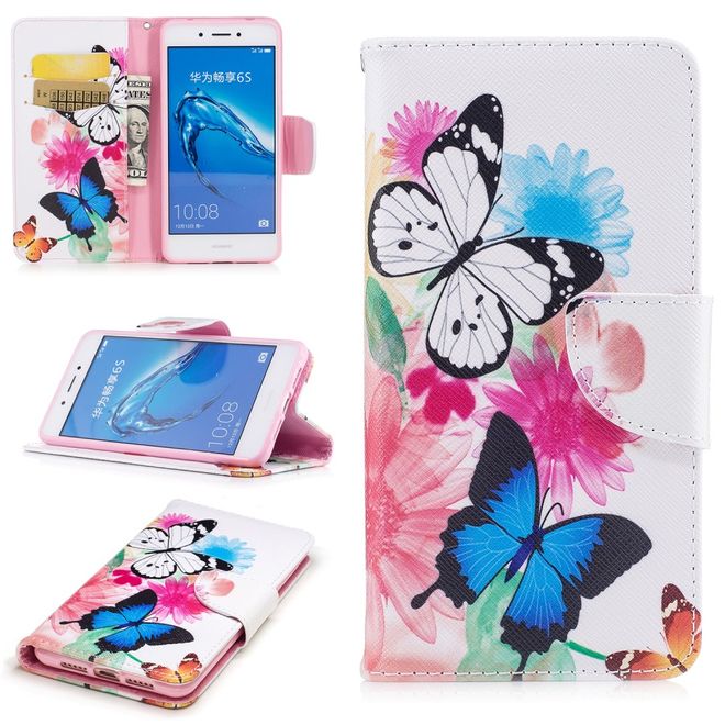 Huawei Enjoy 6S/Honor 6C Handyhülle - Cover aus Leder - mit Standfunktion - Schmetterlinge und Blumen