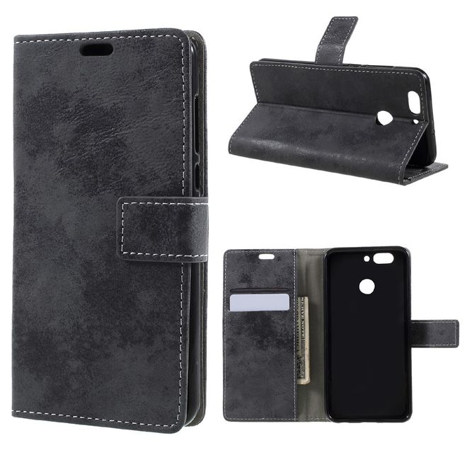 Handyhülle für Huawei Nova 2 Plus - Case aus Leder - Vintage Style - mit Visitenkartenfach - dunkelgrau