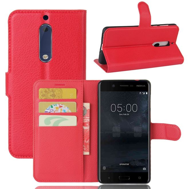 Nokia 5 Hülle - Handy Case aus Leder - mit Litchitextur - rot