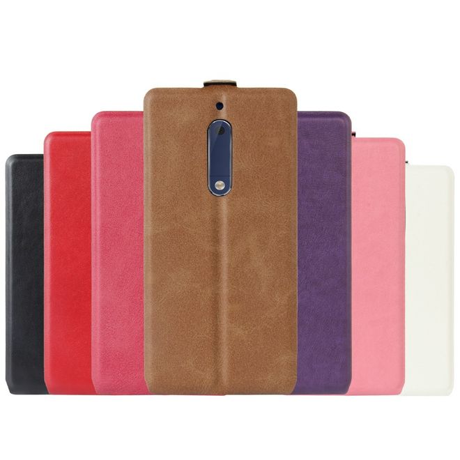 Nokia 5 Handyhülle - Crazy Horse Flip Cover aus Leder - vertikal - mit Visitenkartenfach - rosa
