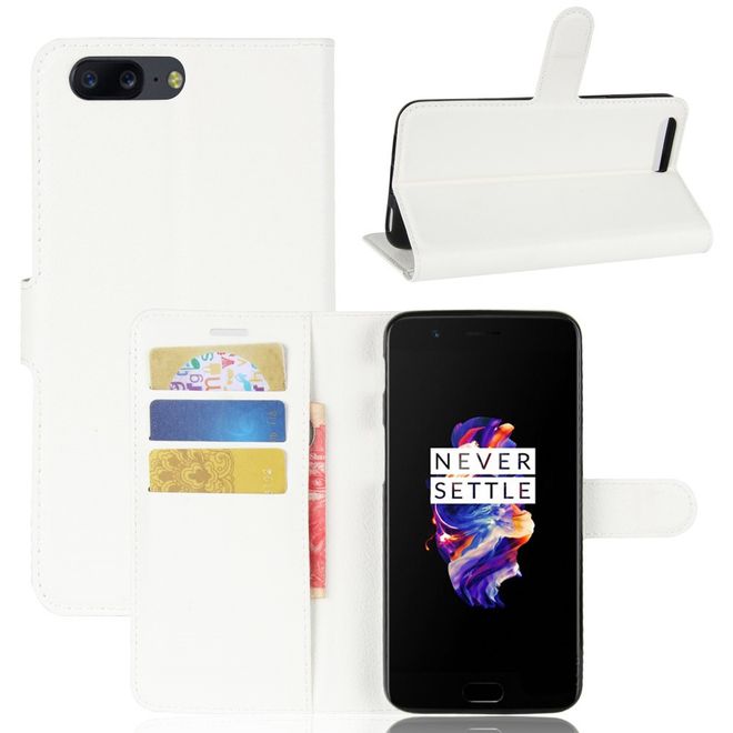 Handyhülle für OnePlus 5 - Case aus Leder - mit Litchitextur und Standfunktion - weiss