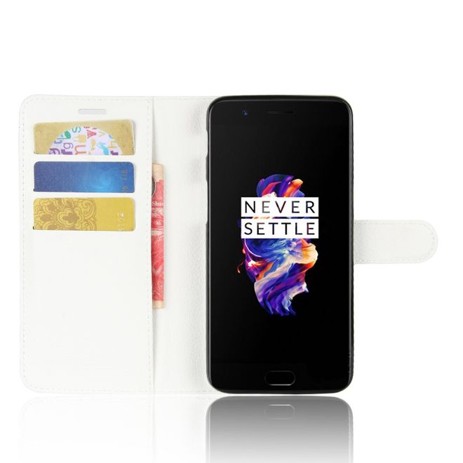 Handyhülle für OnePlus 5 - Case aus Leder - mit Litchitextur und Standfunktion - weiss