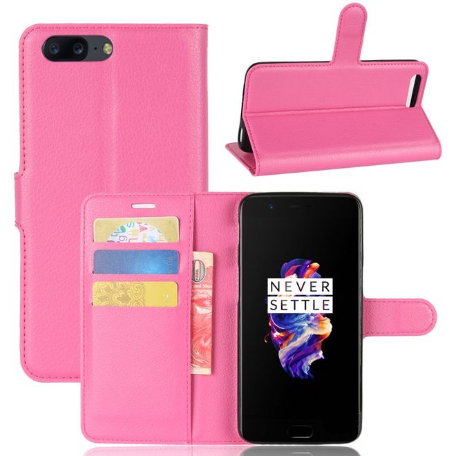 Handyhülle für OnePlus 5 - Case aus Leder - mit Litchitextur und Standfunktion - rosa