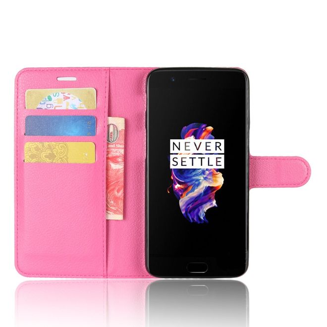Handyhülle für OnePlus 5 - Case aus Leder - mit Litchitextur und Standfunktion - rosa