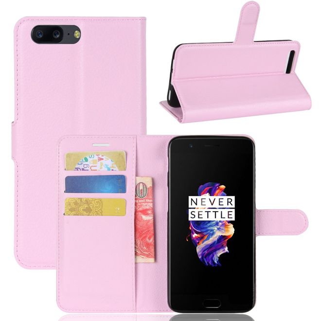 Handyhülle für OnePlus 5 - Case aus Leder - mit Litchitextur und Standfunktion - pink