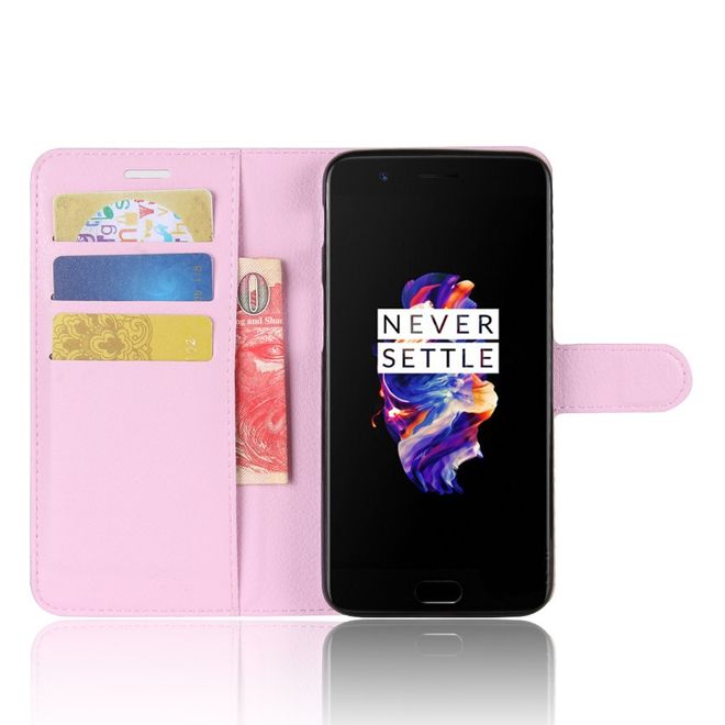 Handyhülle für OnePlus 5 - Case aus Leder - mit Litchitextur und Standfunktion - pink