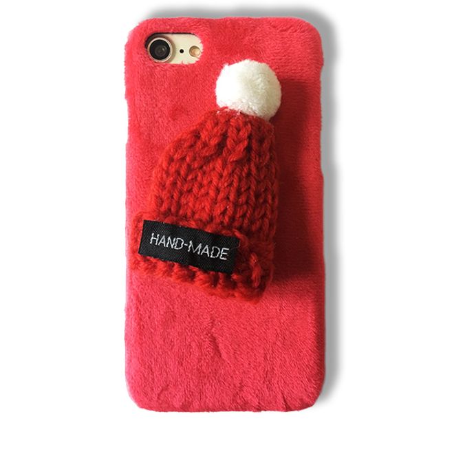 Handmade - iPhone 8 Plus / 7 Plus Hülle - Case aus Plastik/Plüsch - mit roter Mütze - pink-rot
