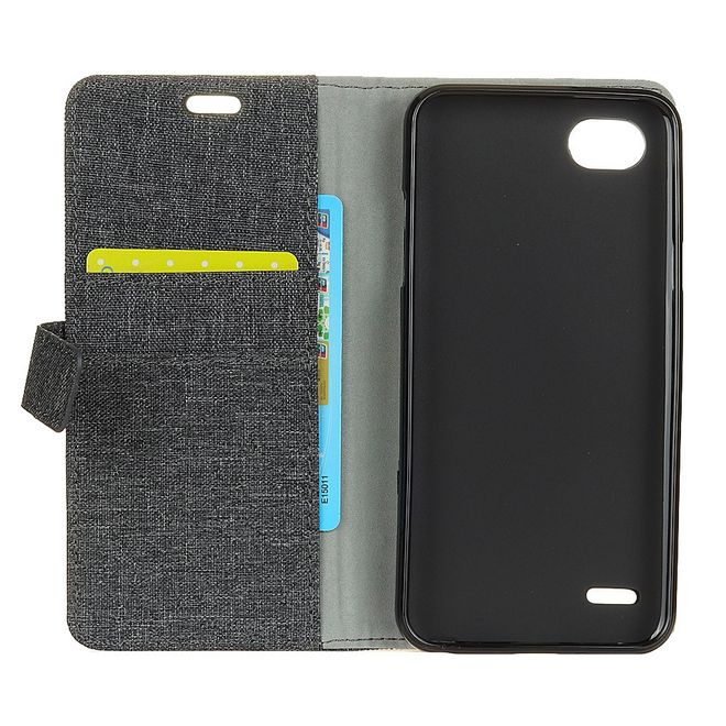 LG Q6 / Q6 Plus Hülle - Cover aus Leder/Stoff - mit Standfunktion - schwarz