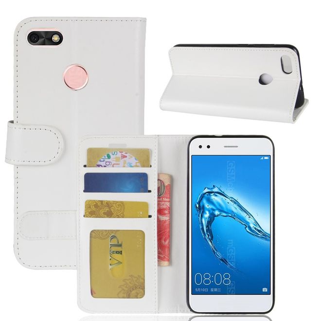 Huawei Y6 Pro (2017) Handy Case - Crazy Horse Leder Hülle - mit Standfunktion - weiss