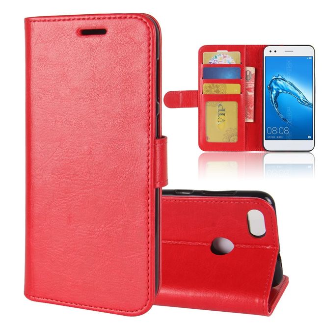 Huawei Y6 Pro (2017) Handy Case - Crazy Horse Leder Hülle - mit Standfunktion - rot