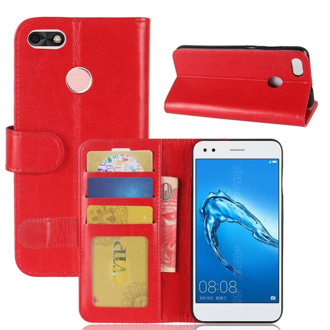 Huawei Y6 Pro (2017) Handy Case - Crazy Horse Leder Hülle - mit Standfunktion - rot