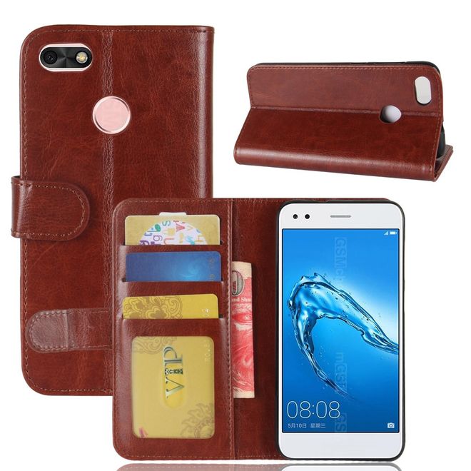 Huawei Y6 Pro (2017) Handy Case - Crazy Horse Leder Hülle - mit Standfunktion - braun