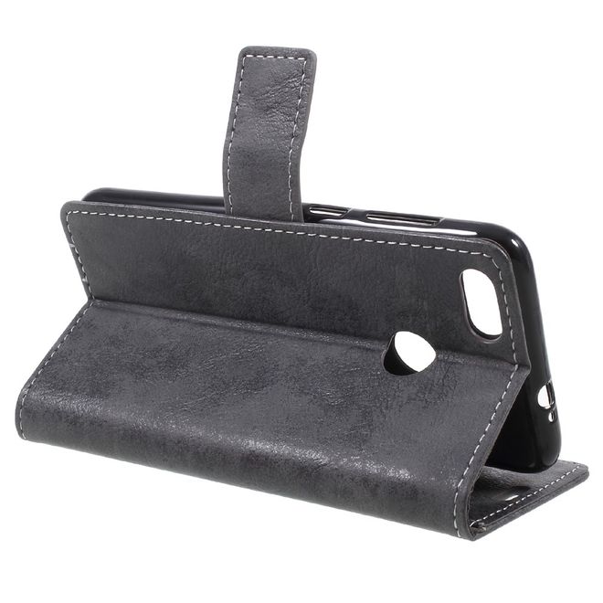 Huawei Y6 Pro (2017) Handy Hülle - Case aus Leder - Vintage Look - mit Standfunktion - schwarz