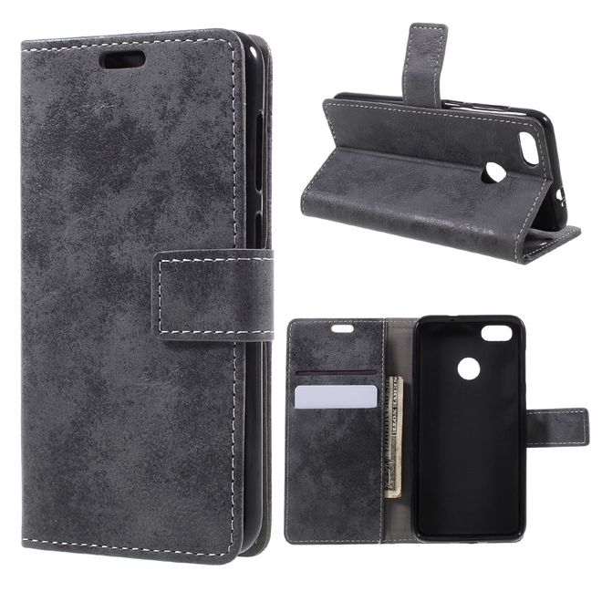 Huawei Y6 Pro (2017) Handy Hülle - Case aus Leder - Vintage Look - mit Standfunktion - schwarz