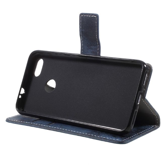 Huawei Y6 Pro (2017) Handy Hülle - Case aus Leder - Vintage Look - mit Standfunktion - blau