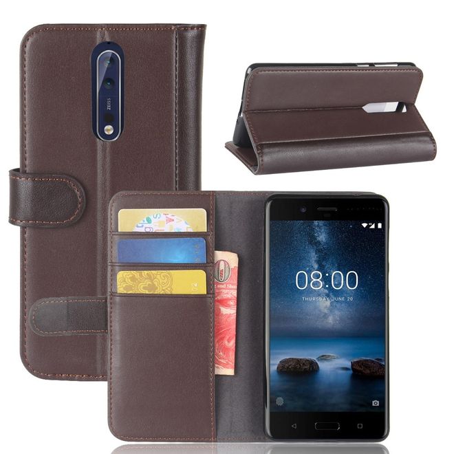 Nokia 8 Handy Hülle - Flip Case aus echtem Spaltleder - mit Standfunktion - kaffeefarben