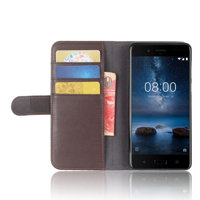 Nokia 8 Handy Hülle - Flip Case aus echtem Spaltleder - mit Standfunktion - kaffeefarben