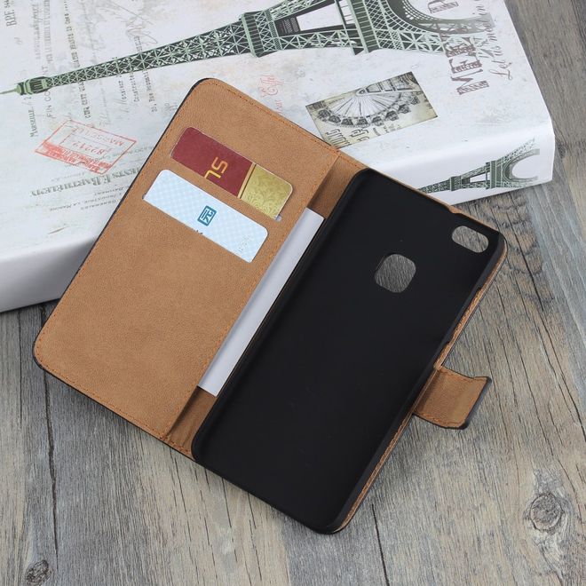 Huawei P10 Lite Hülle - Case aus echtem Spaltleder - mit Standfunktion - schwarz
