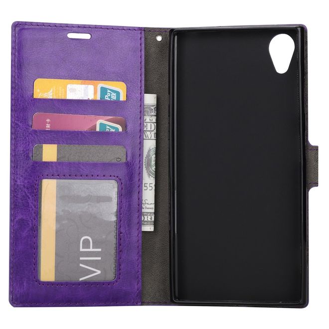 Sony Xperia XA1 Plus Handy Hülle - Crazy Horse Leder Bookcover - mit Standfunktion - purpur