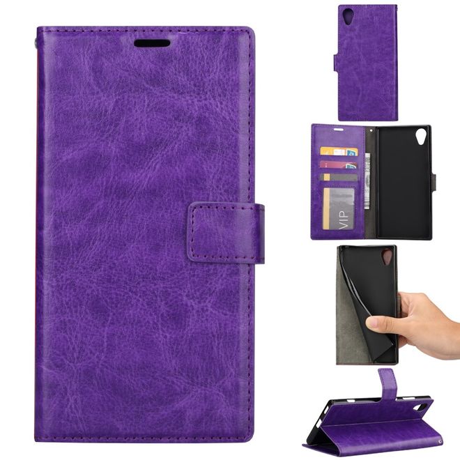 Sony Xperia XA1 Plus Handy Hülle - Crazy Horse Leder Bookcover - mit Standfunktion - purpur