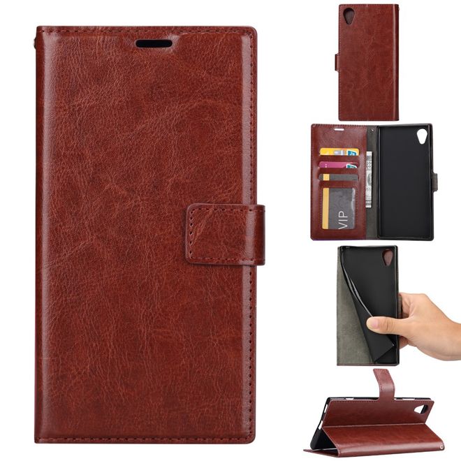 Sony Xperia XA1 Plus Handy Hülle - Crazy Horse Leder Bookcover - mit Standfunktion - braun