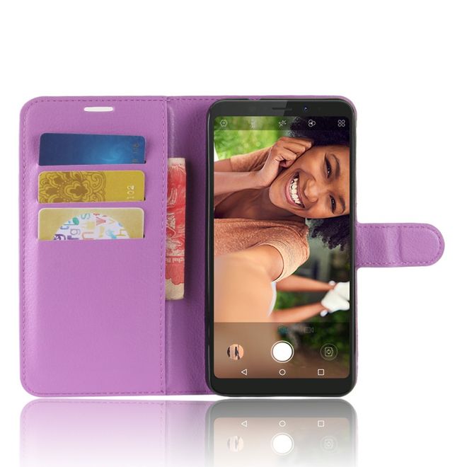 Wiko View XL Handyhülle - Case aus Leder - mit Standfunktion und Litchitextur - purpur