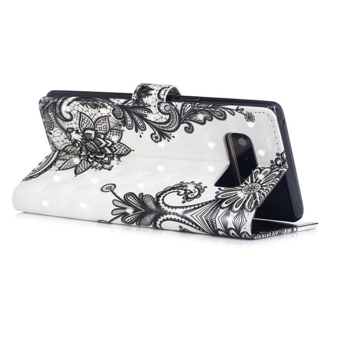 Samsung Galaxy Note 8 Handyhülle - Leder Bookcover - mit Standfunktion - schwarze Blumen