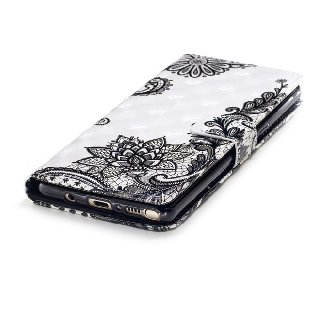 Samsung Galaxy Note 8 Handyhülle - Leder Bookcover - mit Standfunktion - schwarze Blumen